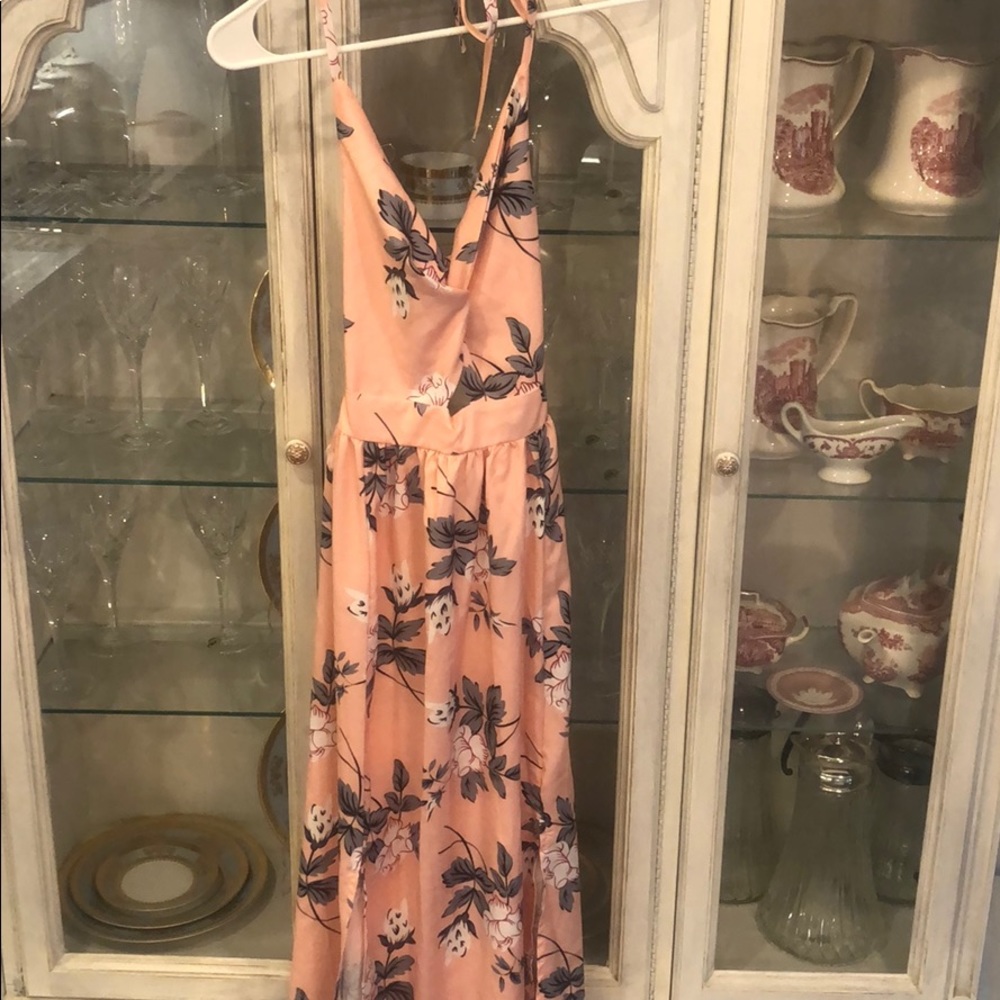 Floral front tie strap halter dress